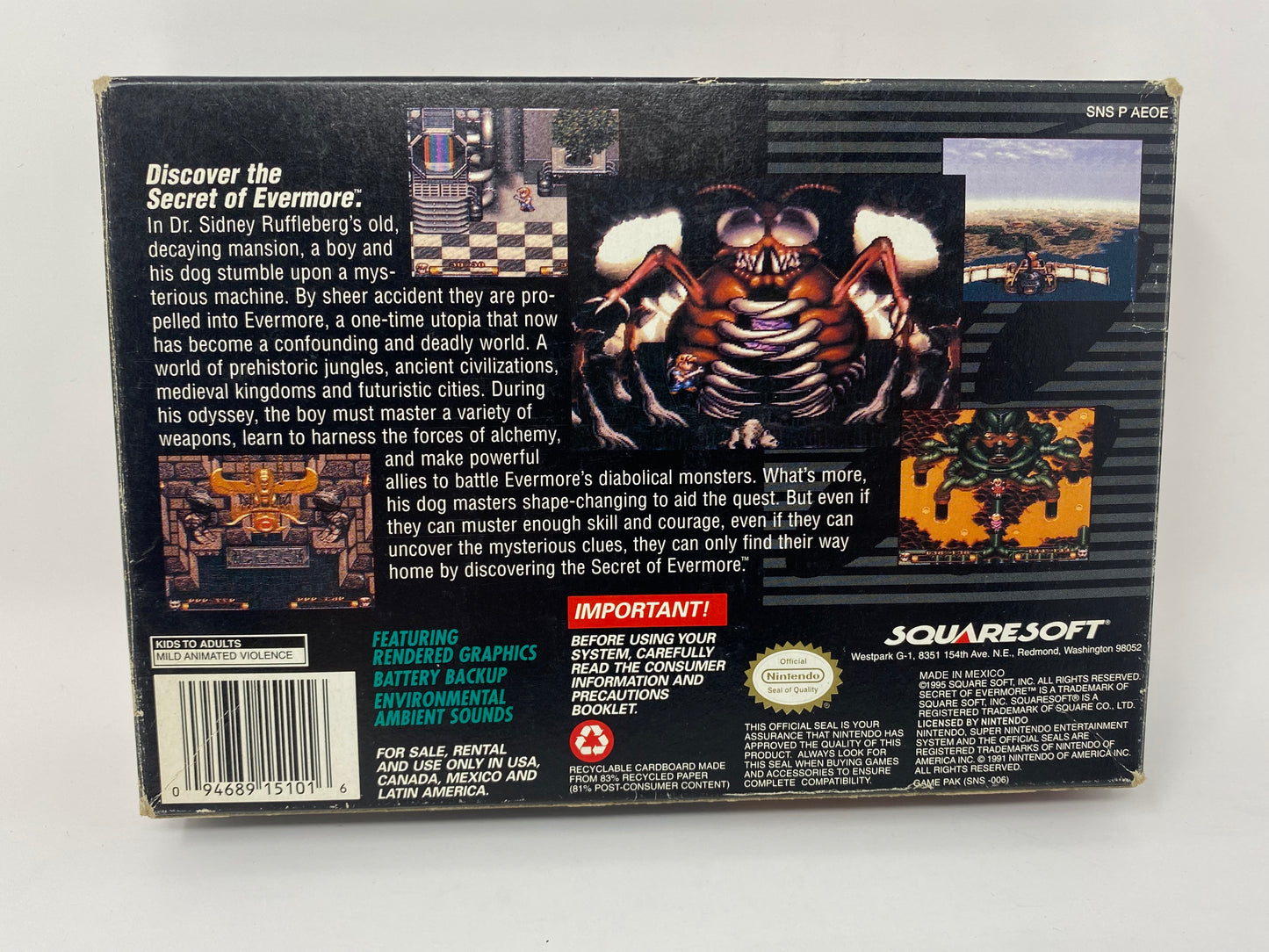 SNES Super Nintendo - Secret of Evermore - CIB Complete in Box